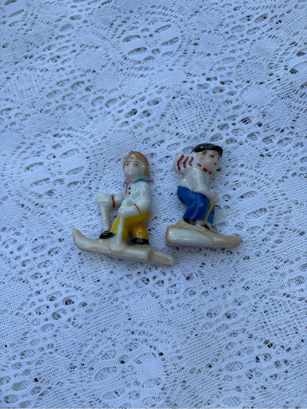 Vintage Japan Porcelain Skier Figurines Pair Miniature Winter Ski Collectibles